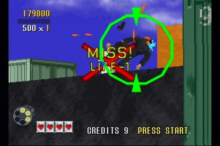 Virtua Cop (SEGA Saturn) screenshot: Hitting an innocent bystander will take out one life.