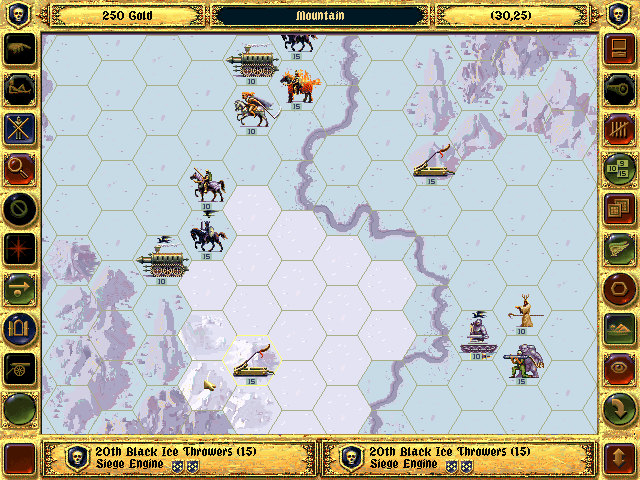 Fantasy General (DOS) screenshot: Playing a single scenario as the bad guy - winter scenery