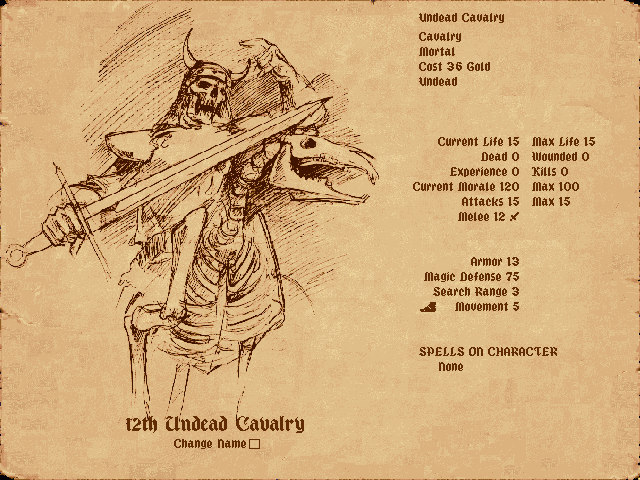 Fantasy General (DOS) screenshot: Each unit's stats come with a marvelous illustration