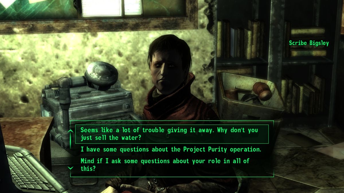 Fallout 3: Broken Steel (Windows) screenshot: Scribe Bigsley is in charge of rationing the clean water, and not happy about it.