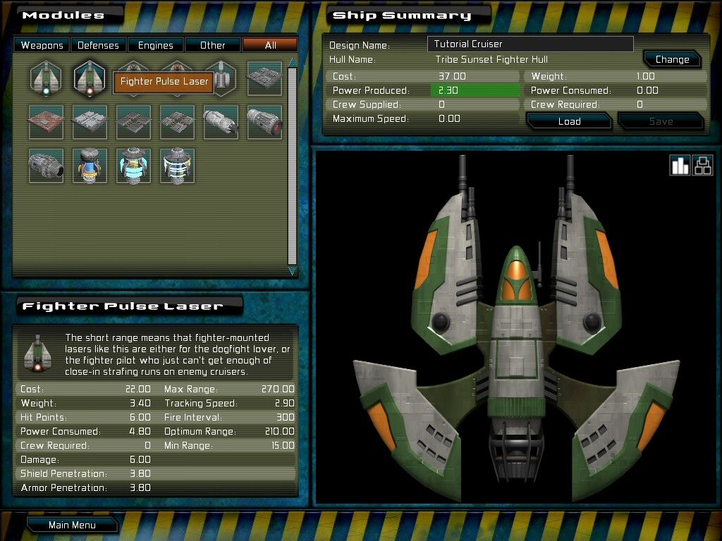 Gratuitous Space Battles (Windows) screenshot: Ship design screen showing a Tribe fighter