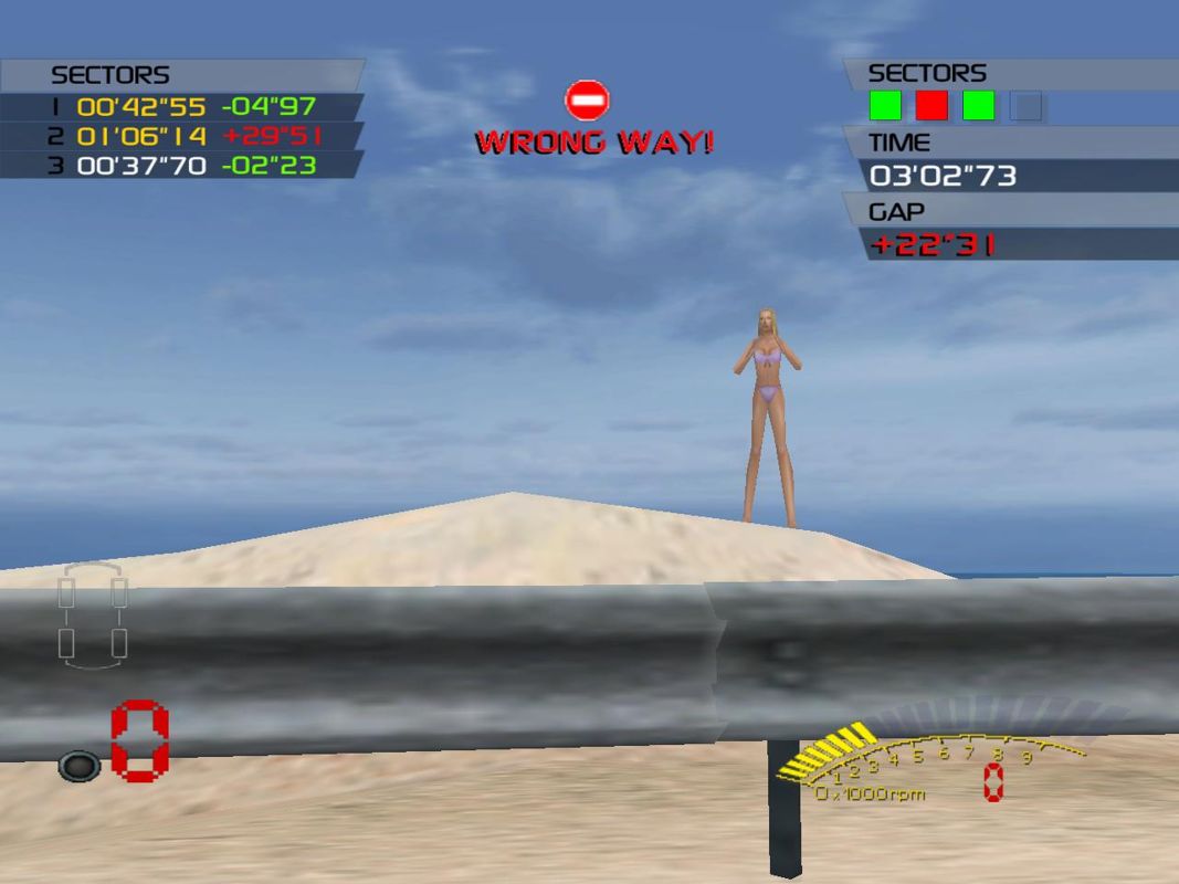 V-Rally 3 (Windows) screenshot: a skinny lady.