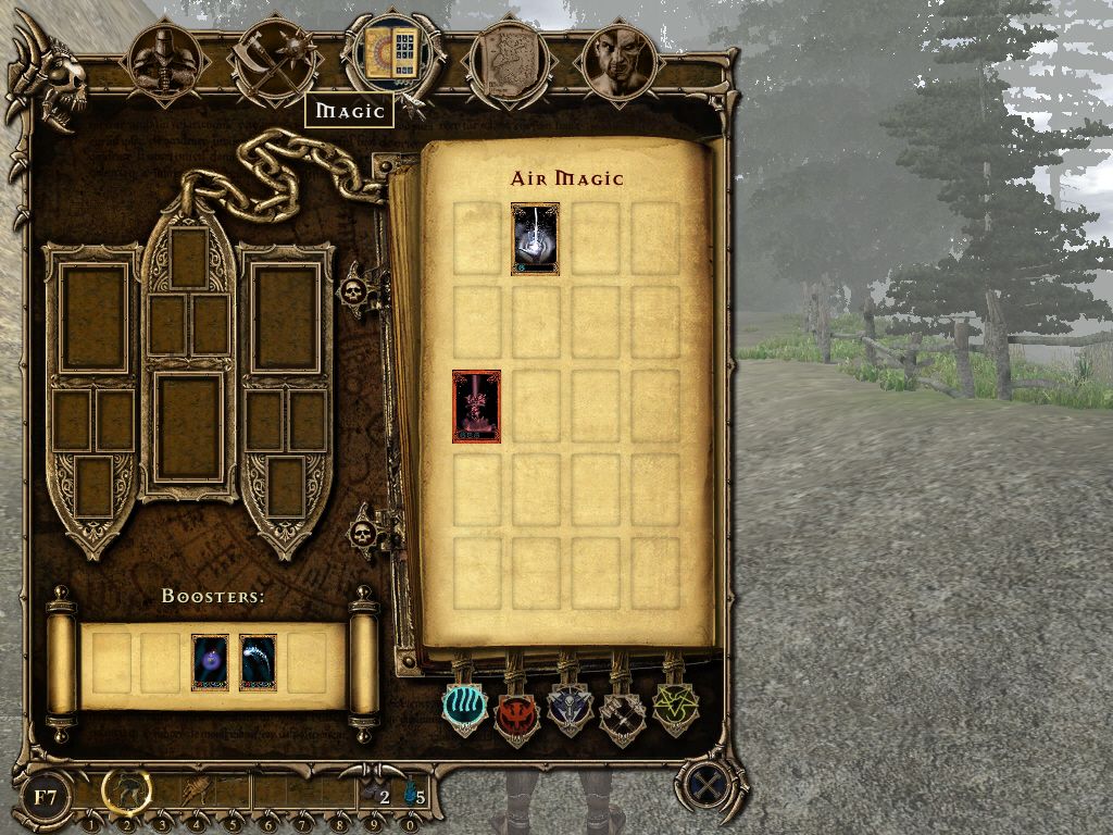 Two Worlds (Windows) screenshot: Magic window - shows all the spells you have. Only 3 can be used at any one time, though, by dragging each to the left side. There are 5 schools of magic.