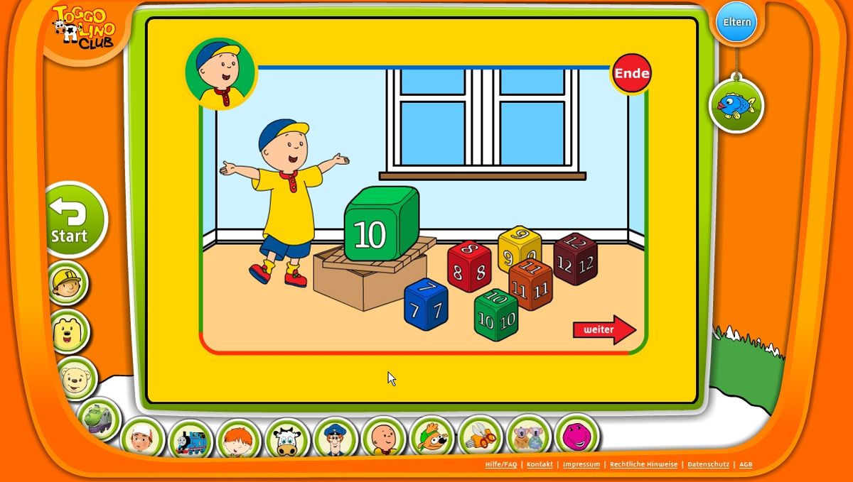 Toggolino Club (Browser) screenshot: Caillou: the kiddies shall click the cubes in the right order.