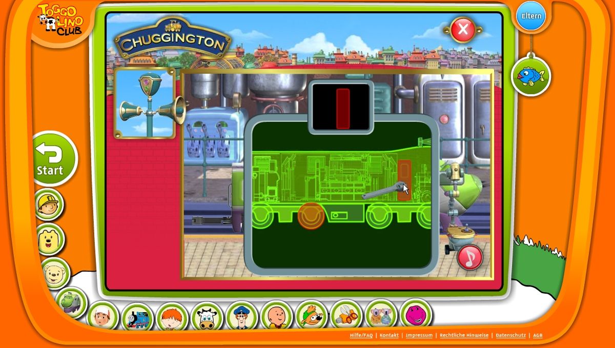 Toggolino Club (Browser) screenshot: Chuggington: helping out in the loco repair shop.