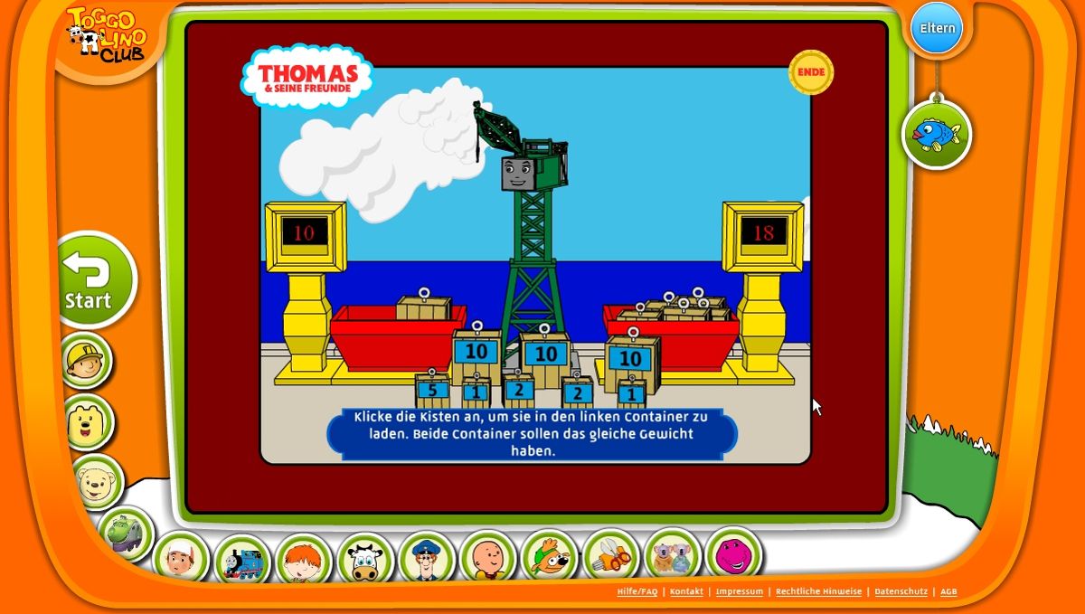 Toggolino Club (Browser) screenshot: Thomas and Friends: Cranky the crane needs to store the same weight in both containers.