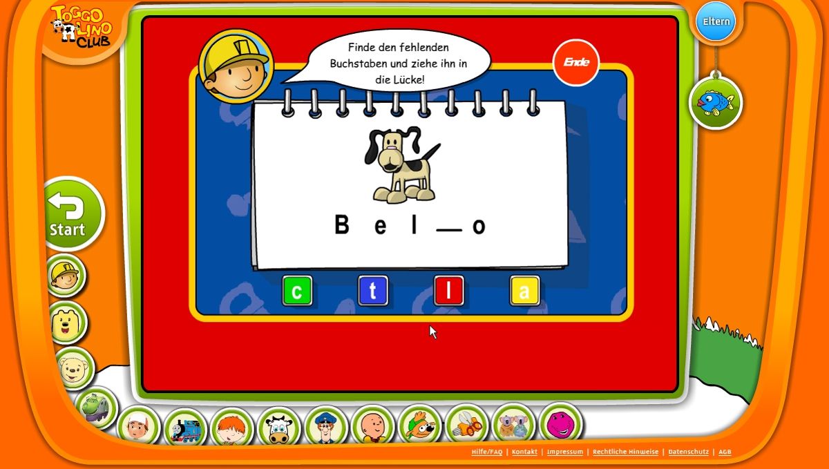 Toggolino Club (Browser) screenshot: Bob the Builder: Find the missing letter in Scruffty's German name.