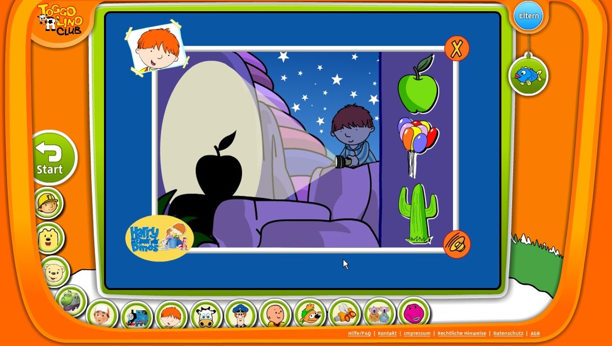 Toggolino Club (Browser) screenshot: Harry and His Bucket Full of Dinosaurs: recognizing silhouettes with Harry himself.