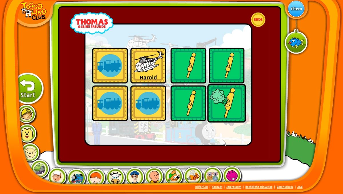 Toggolino Club (Browser) screenshot: Thomas and Friends: a different kind of memory game that involves matching pictures and sounds.
