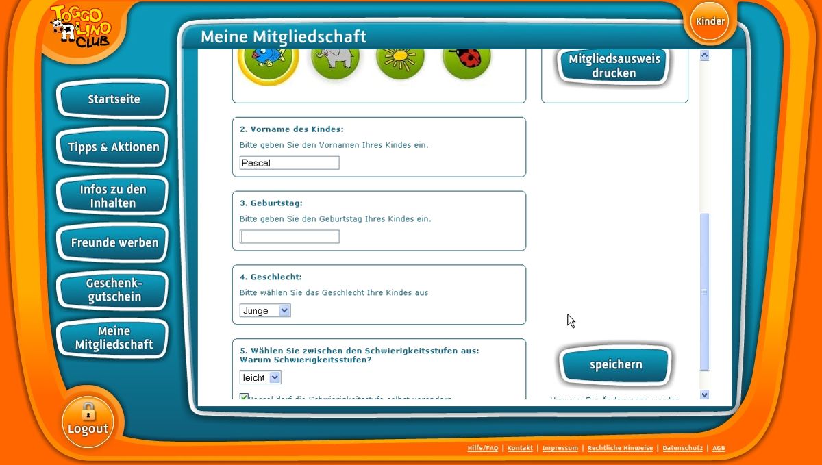 Toggolino Club (Browser) screenshot: Adjusting the settings of a kiddie account.