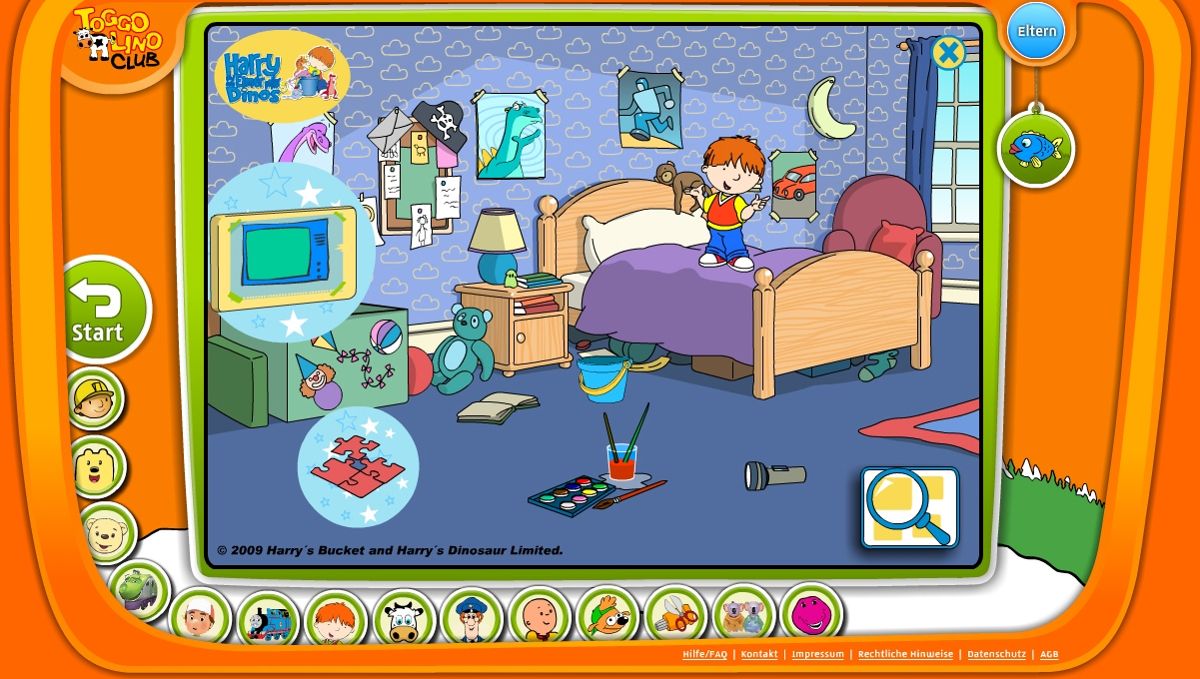 Toggolino Club (Browser) screenshot: Harry and His Bucket Full of Dinosaurs: the main menu
