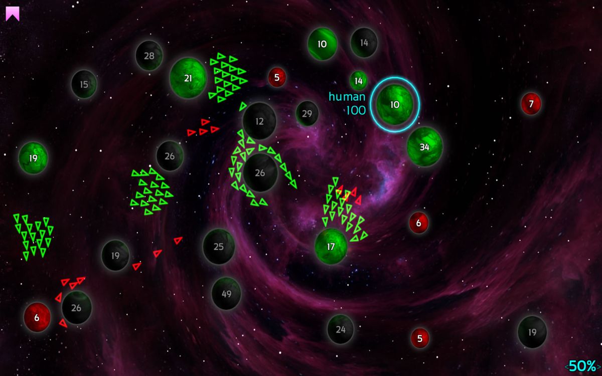 Galcon Fusion (Windows) screenshot: Red only has a small amount of troops left.