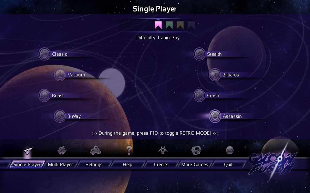 Galcon Fusion (Windows) screenshot: Game mode selection screen