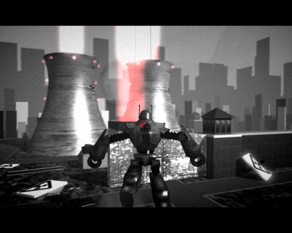 Attack of the 50ft Robot! (Windows) screenshot: Red markers point to your next goal.