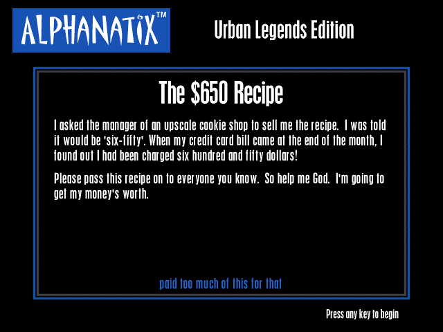 AlphaNatix: Urban Legends Edition (Windows) screenshot: The $650 Recipe