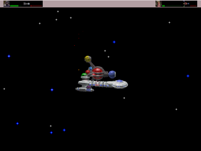 Star Control 3 (DOS) screenshot: Earth Cruiser and Spathi Eluder flying in formation