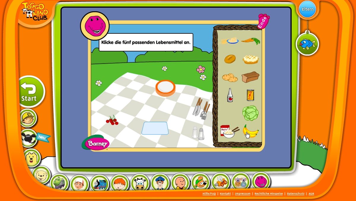 Toggolino Club (Browser) screenshot: Barney & Friends: this game teaches the kids what's good to eat and what not.