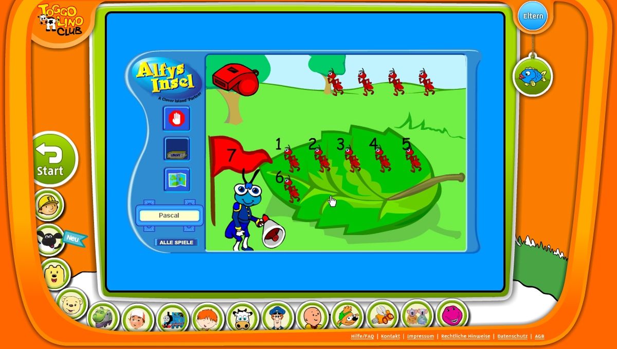 Toggolino Club (Browser) screenshot: Clever Island: counting ants while learning the numbers.