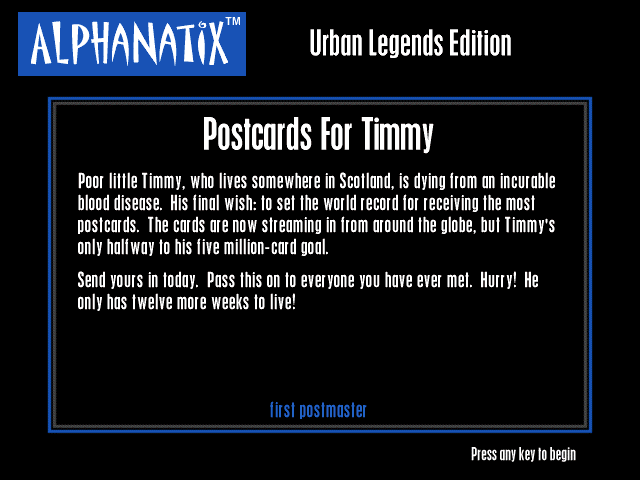 AlphaNatix: Urban Legends Edition (Windows) screenshot: Postcards For Timmy