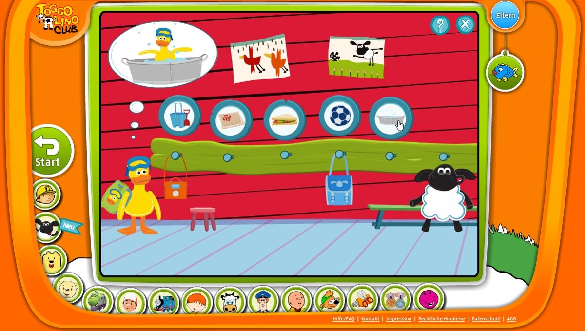 Toggolino Club (Browser) screenshot: Timmy Time: the Timmy games are really for the youngest of users. here they must help the duck find the right spot to hang his rucksack.