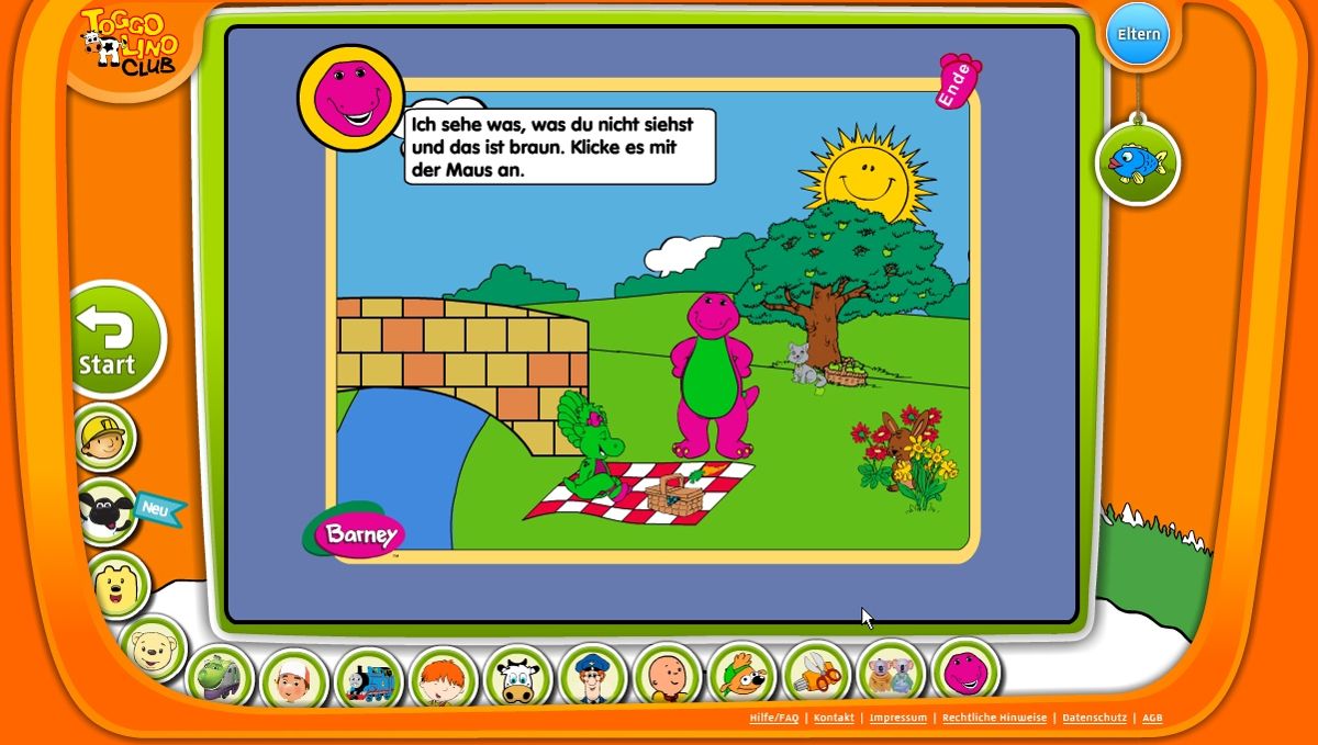 Toggolino Club (Browser) screenshot: Barney & Friends: click something that's of brown color.