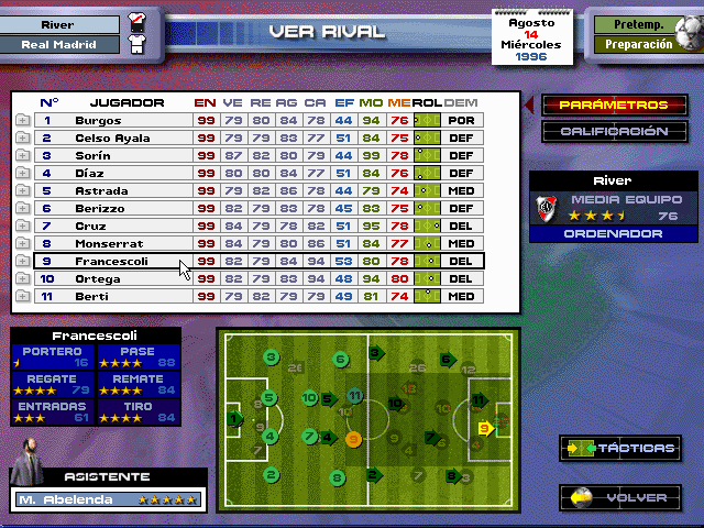 PC Fútbol 5.0 (DOS) screenshot: Opponent's Formation