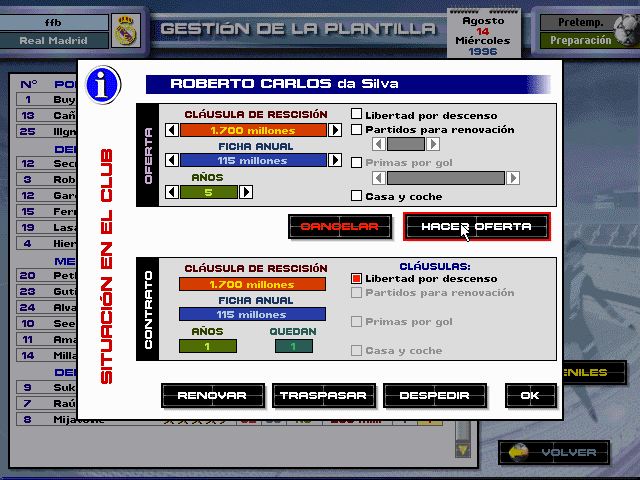 PC Fútbol 5.0 (DOS) screenshot: Renew a player contract