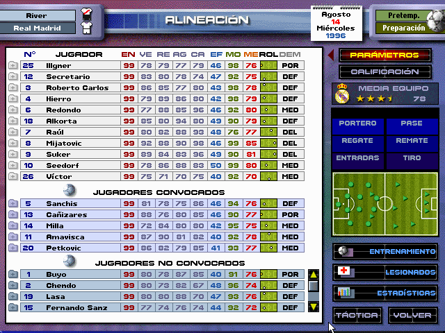 PC Fútbol 5.0 (DOS) screenshot: Squad List