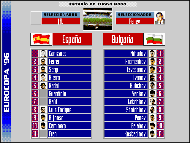 PC Selección Española de Fútbol Eurocopa '96 (DOS) screenshot: Lineups