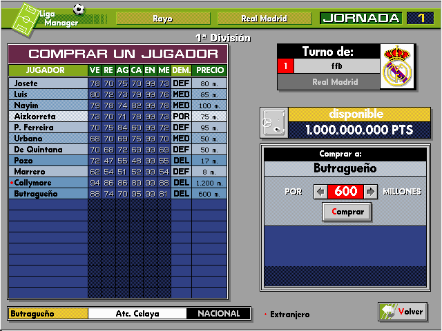 PC Fútbol 4.0 (DOS) screenshot: Transfers List