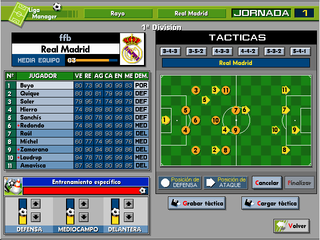 PC Fútbol 4.0 (DOS) screenshot: Team Formation