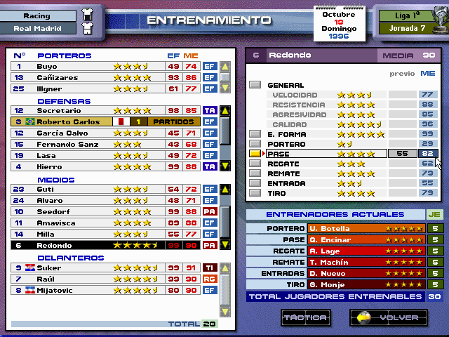 PC Fútbol 5.0 (DOS) screenshot: Individual Training