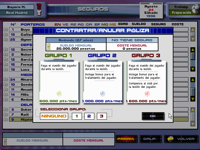 PC Fútbol 5.0 (DOS) screenshot: Injury Insurance