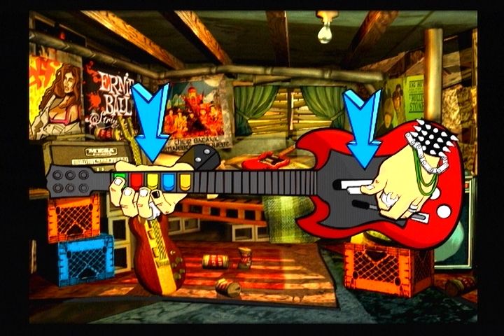 Guitar Hero II (PlayStation 2) screenshot: The game teaches you how to use your plastic guitar, but it doesn't teach you how to use nail polish and other wrist accessories.