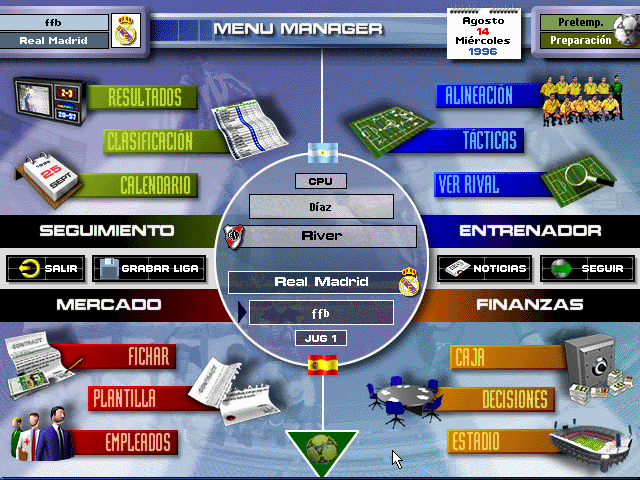 PC Fútbol 5.0 (DOS) screenshot: Manager Main Menu