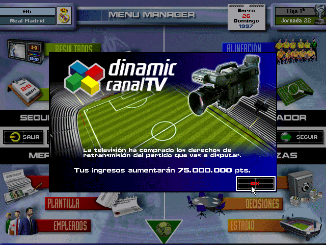 PC Fútbol 5.0 (DOS) screenshot: A TV Channel has bought the next match broadcast rights