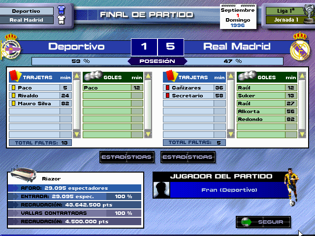 PC Fútbol 5.0 (DOS) screenshot: Match Result