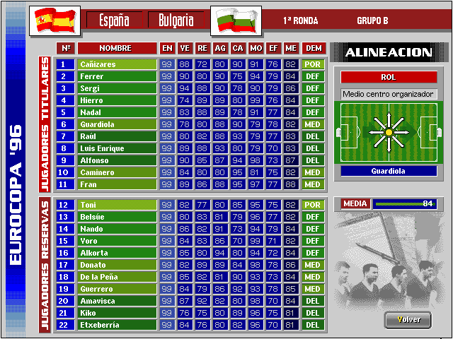 PC Selección Española de Fútbol Eurocopa '96 (DOS) screenshot: Squad List