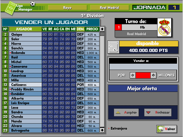 PC Fútbol 4.0 (DOS) screenshot: Adding a player to the Transfers List