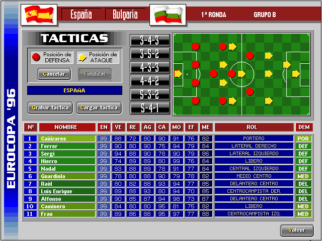 PC Selección Española de Fútbol Eurocopa '96 (DOS) screenshot: Team Formation