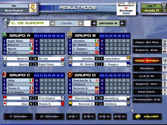 PC Fútbol 5.0 (DOS) screenshot: Results and Group Tables