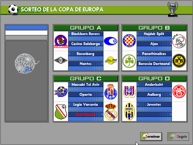 PC Fútbol 4.0 (DOS) screenshot: European Cup Draw