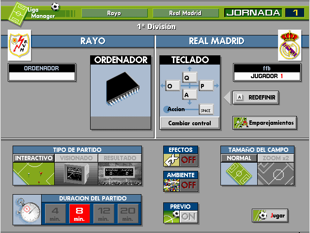 PC Fútbol 4.0 (DOS) screenshot: Match Settings
