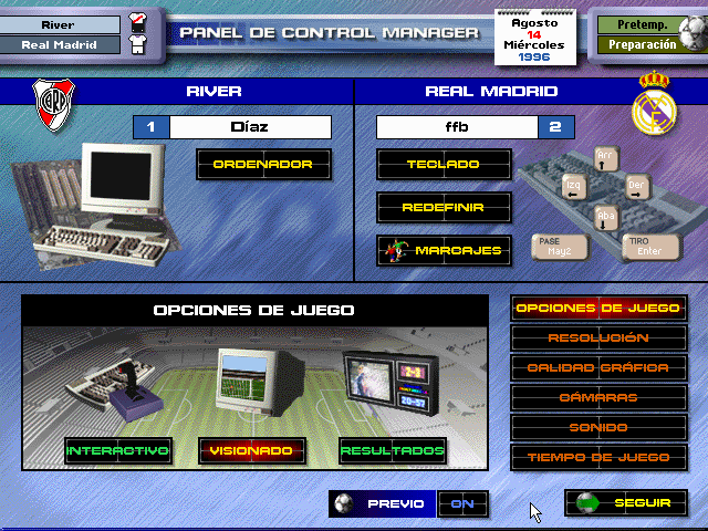 PC Fútbol 5.0 (DOS) screenshot: Match Settings