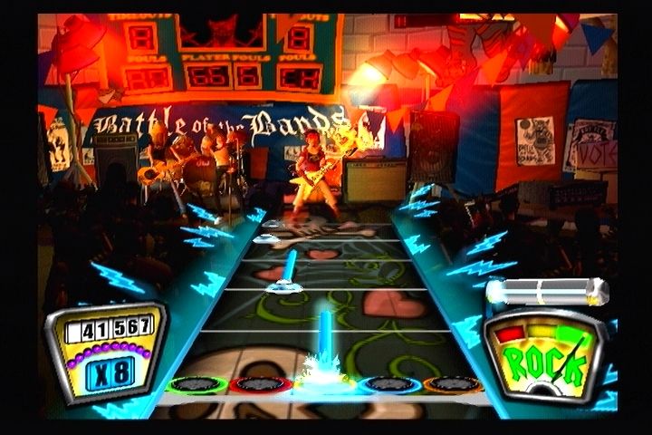 Guitar Hero II (PlayStation 2) screenshot: Your multiplier score doubles, and your Rock bar fills up quite fast.