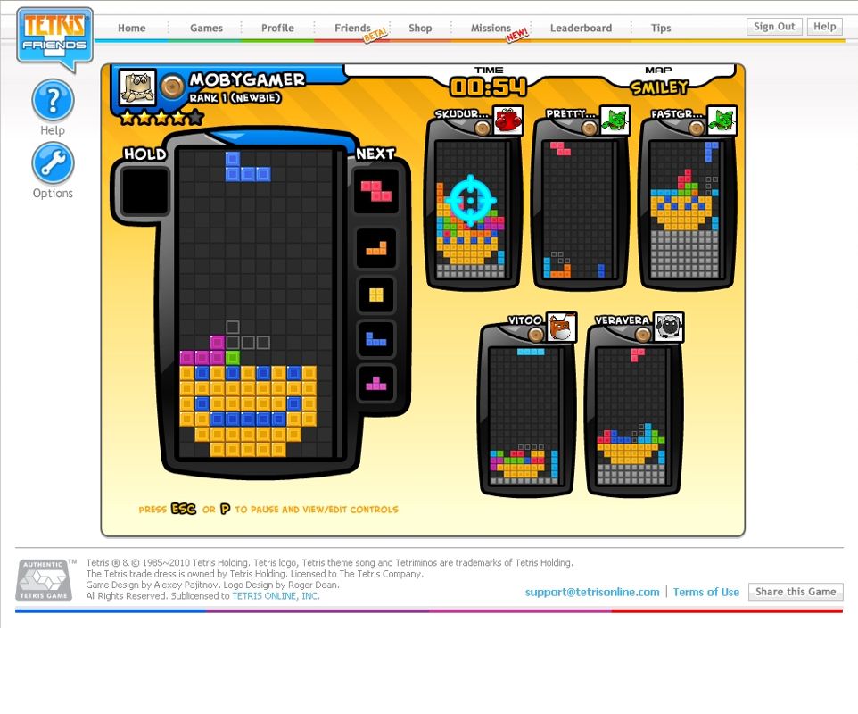 Tetris Friends (Browser) screenshot: Six players throwing completed lines at each other.