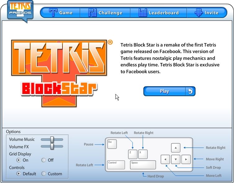 Tetris Friends (Browser) screenshot: Facebook release: options, controls, and the classic game mode explained.