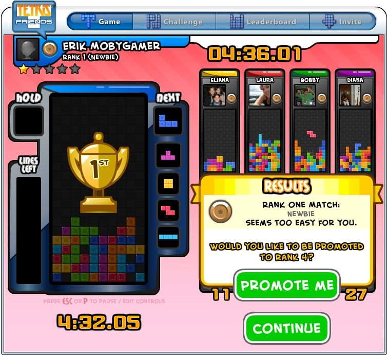 Tetris Friends (Browser) screenshot: Facebook release: victory - and a level-up for me.
