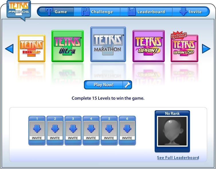 Tetris Friends (Browser) screenshot: Facebook release: main menu