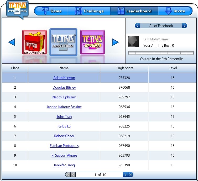 Tetris Friends (Browser) screenshot: Facebook release: every game mode has its own rankings.
